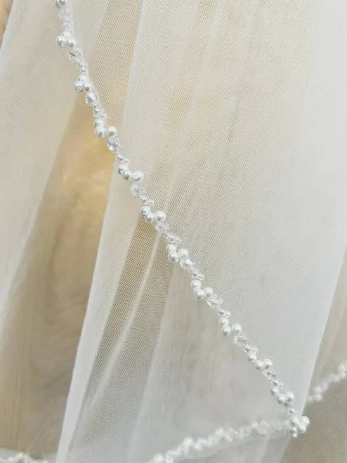 Cathedral One Tier Beaded Pearl Bridal Veil