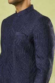 Buy Navy Cotton Satin, Silk Embroidery, Sequins Chevron Sherwani Set For Men by Spring Break Online at Aza Fashions in CA
