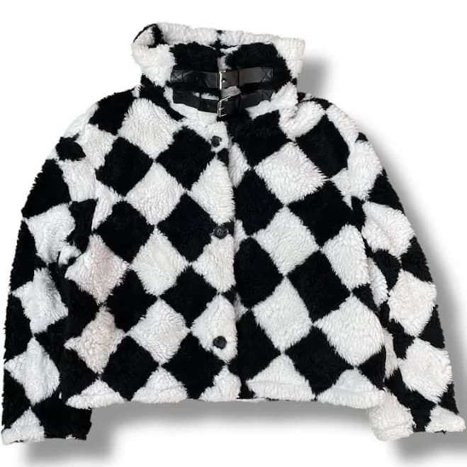 Vintage Retro Checkerboard Sherpa Buckle Jacket