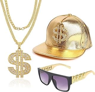 Hip Hop Costume Kit Rapper Hat Sunglasses Dollar Sign Pendant Necklaces 80s/90s Rapper Accessories