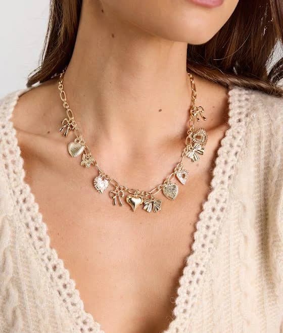 Lulus Heart and Bow Charm Necklace