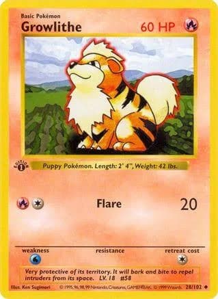 Growlithe 28 - Base Set Shadowless Unlimited | Game Nerdz
