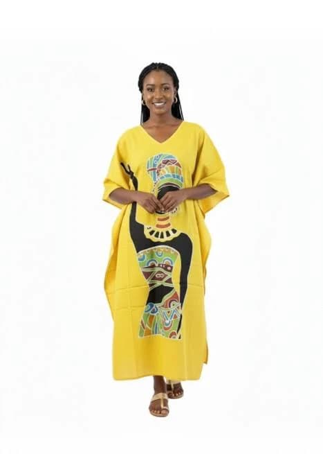Long Kaftan Rayon African Print Dark Yellow Loose Rayon Maxi L-49"