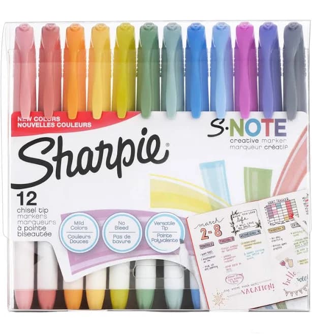 Sharpie S- Note Creative Markers Chisel Tip Assorted Colors 12/Pack