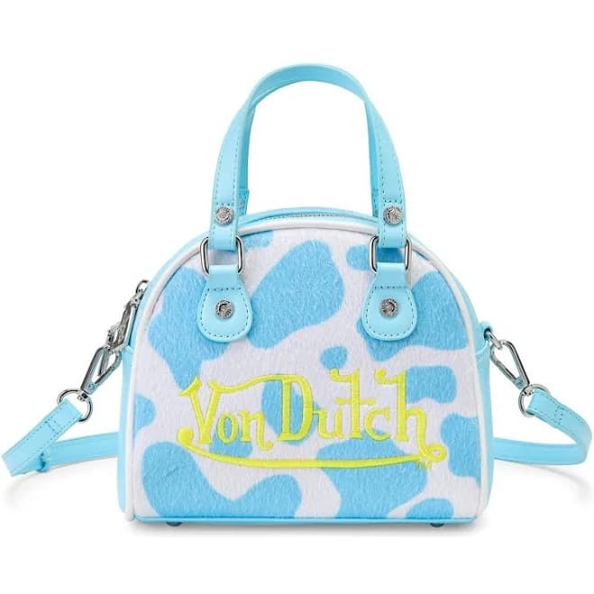 Von Dutch Light Blue & White Cow Print Vegan Pony Hair Bowling Bag