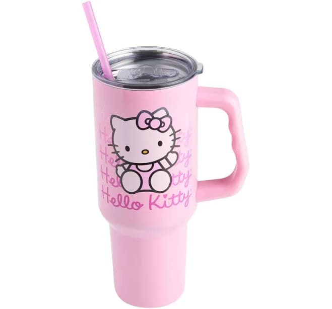 World Market Hello Kitty Pink Waving Stainless Steel Drink Tumbler with Straw