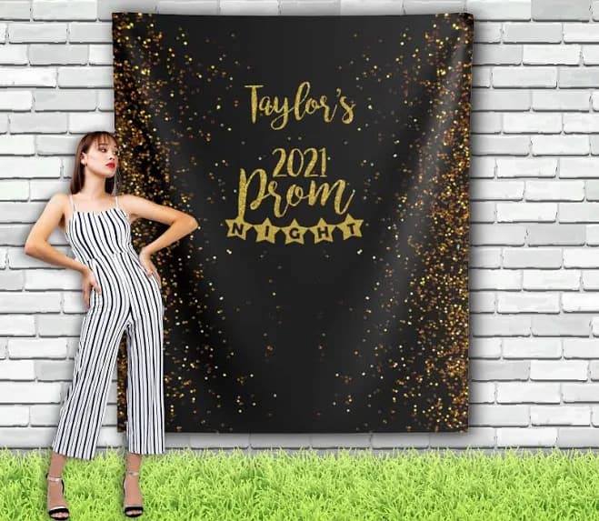 Custom Prom Backdrop, Prom Decorations, Senior Prom Black Gold Glitter Party Decor, Graduation Banner, College Grad Decoration 2025, Senior