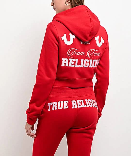 True Religion Embroidered Shrunken Red Crop Zip Hoodie