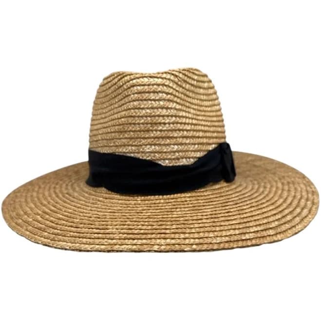 Brixton Beige & Black Wheat Straw Woven Wide Brim Ribbon Fedora Hat