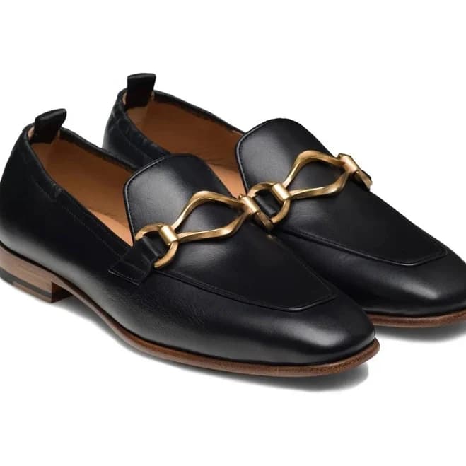 Women's Black Leather Loafers with Gold Chain Slip On Dress Shoes
