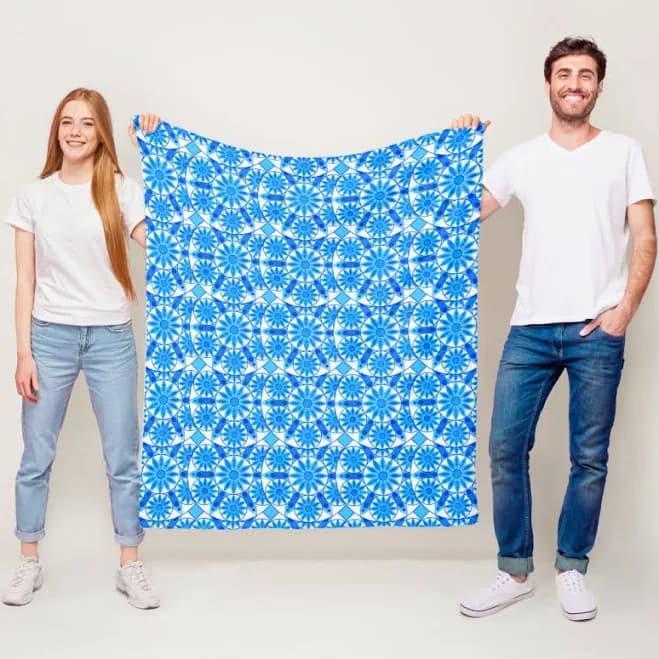 Mandala Pattern, Cobalt Blue, Turquoise and White Fleece Blanket