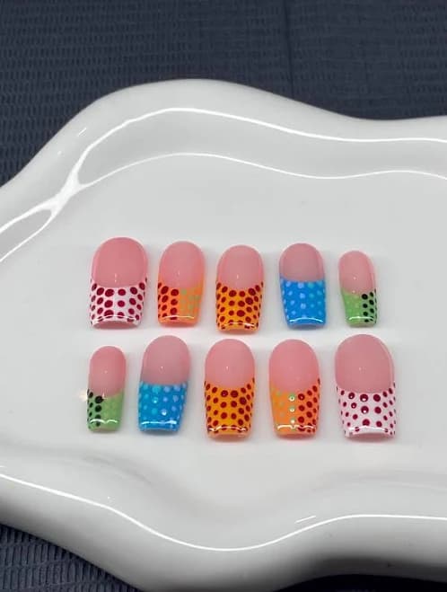 polka dot French tip press on nails with instructions and application pack