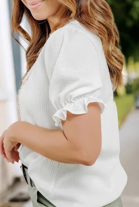 Textured Ruched Puff Sleeve Blouse