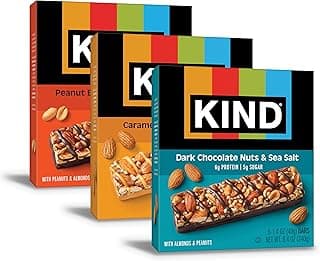 KIND Nut Bars, Favorites Variety Pack, Dark Chocolate Nuts and Sea Salt, Peanut Butter Dark Chocolate, Caramel Almond and Sea Salt, Gluten Free, Up to 7g Protein, 18 Count