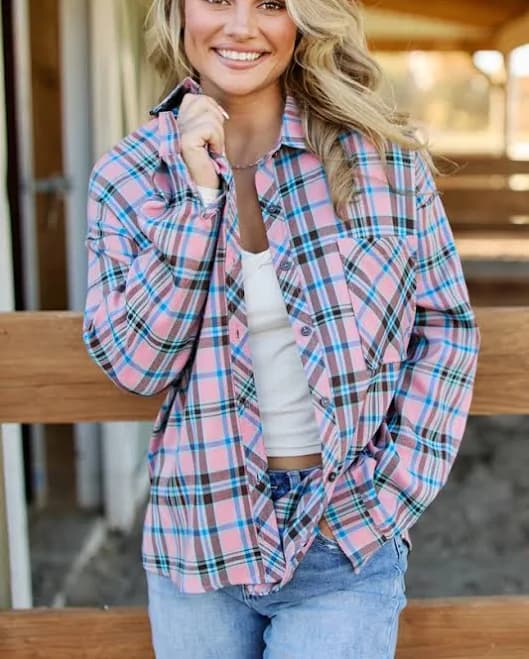 Pink Lily Rory Plaid Flannel Button Down Top