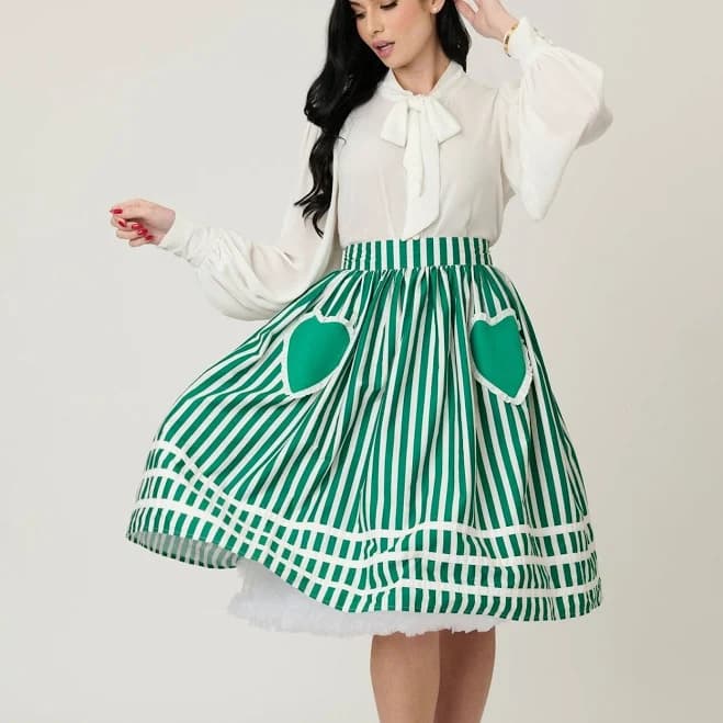 Unique Vintage Stripe Heart Pocket Swing Skirt