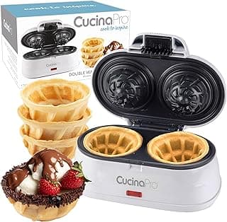 Double Waffle Bowl Maker- Make two 4″ Ice Cream Cone Bowls at Once in Just Minutes- Dessert Appliance for Yogurt Treat, Fruit, Snacks- Nonstick Iron, Easy Clean Electric Kitchen Gadget w Recipe Guide