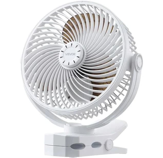 Portable Clip Fan with ABS Housing, Dual-Cell Rechargeable, USB Port, 3 Speeds, Circulation Mode, Sturdy Clamp, Strong Airflow, Adjustable Head, Long