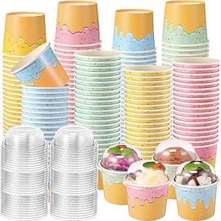100 Count Paper Ice Cream Cups with Clear Dome Lids Disposable Dessert Cups Bulk Dessert Bowls Sundae Containers for Snack Yogurt Soup Birthday Ice Cream Party Supplies (6 oz)