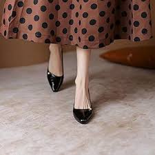 Amazon.com | iadore Women Comfortable Low Block Heel Shoes Fashion Pearl Studded Splicing Matte Leather Pointed Toe Slip on Formal Dress Pumps black 5.5 US | Shoes