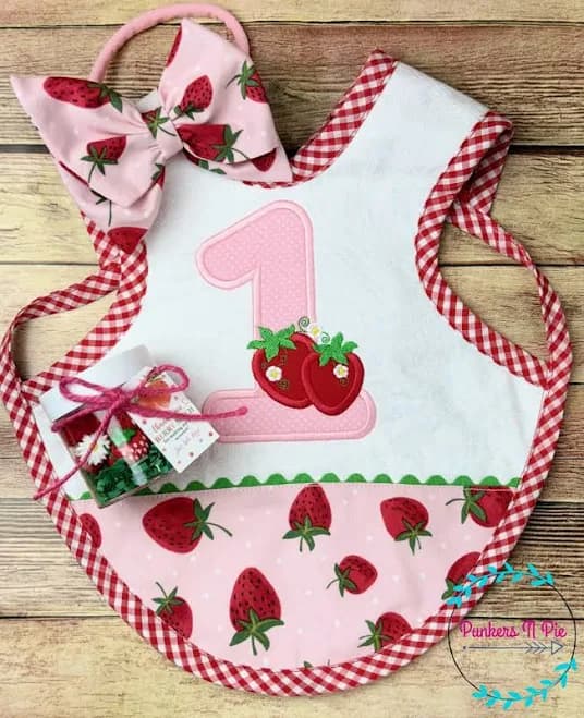 Sweet One Birthday Bib - Strawberry Birthday bib with Bow Headband