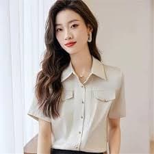 Women Temperament Slim Short Sleeve Formal Chiffon Blouses Office Work Shirt Apricot M at Amazon Women's Clothing store
