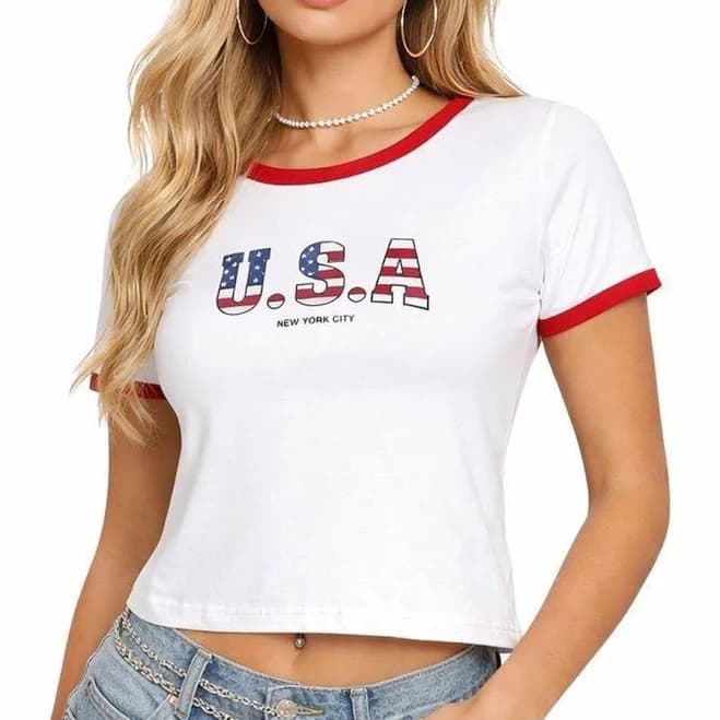 H&M Divided White Ringer Tee with USA Graphic and Red Trim, Large