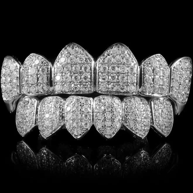 White Gold Plated Fanged CZ Cluster Grillz