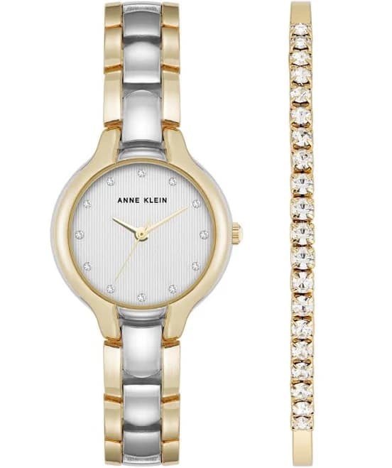 Anne Klein Women's Quartz Two-Tone Metal Watch Set with Dail Crystal Accented