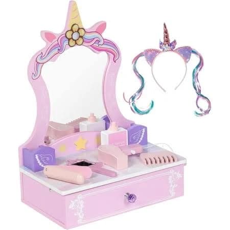 Brinjoy Tabletop Princess Vanity Set - Wooden Beauty Salon Toy with Mirror, Storage Drawer & Pretend Makeup Accessories for Little Girls Ages 3-8,