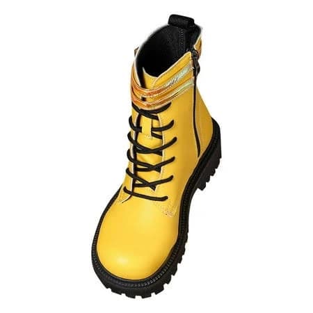 Yellow Women'S Comfort Mid-Calf Boots With Lace-Up Front And Buckle, Chunky Sole For Stability, Size: 7.5
