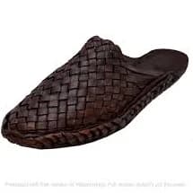 Women Handwoven Dark Brown Leather Mules Slip-On Flats Braided Artisan Craft Indian Boho Style Everyday Footwear Rustic Design Casual Shoes.
