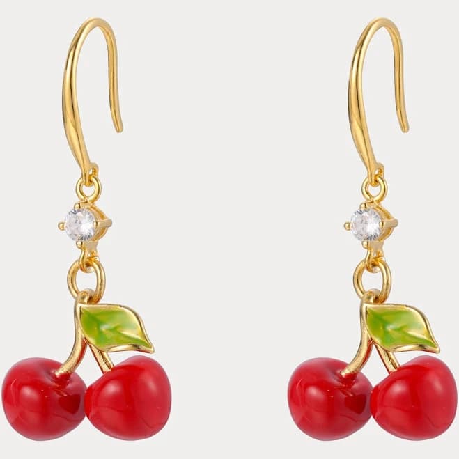 18K Gold Enamel Cherry Hook Dangle Earrings