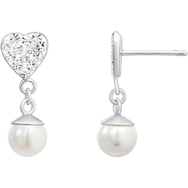 Sterling Silver Crystal Heart & Simulated Pearl Dangle Earrings