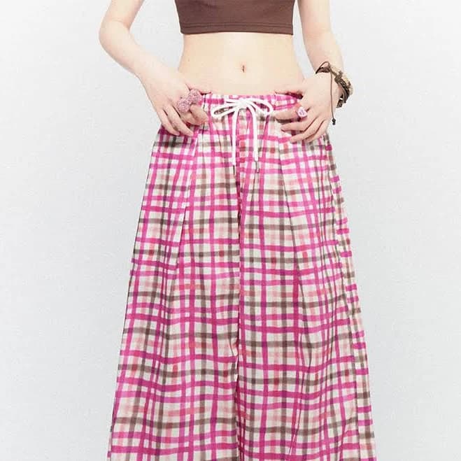 Adjustable Drawstring Waist Checkered Low-Rise Wide-Leg Pants