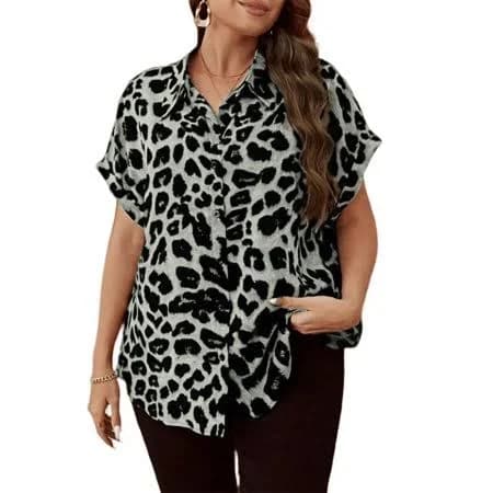 Cuteduck Womens Plus Size Blouses Leopard Print Button Down Loose Fit Casual Short Sleeve Top 1x-5x