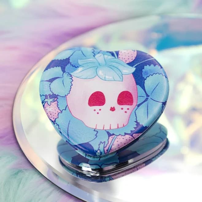 Glitchberry Strawberry Skull Heart-Shaped Compact Mirror