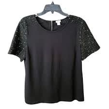 J Crew Factory short sleeve boxy tee gold metallic sleeves holiday party L black