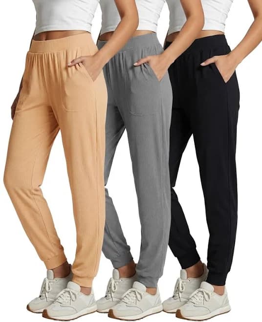 Real Essentials Women's Ribbed Lounge Jogger Sweatpants with Drawstring and Pockets (3 Pack