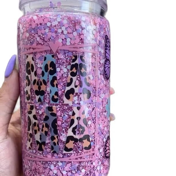 Mama Magic Glitter Tumbler - Pink Leopard Print Bottle Drinkware with Glitter Accents - 16oz