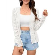 Women Hollow Out Cardigan Sweater Crochet Knit Shrugs Long Sleeves with Ruffled Hem Ivory M : Target