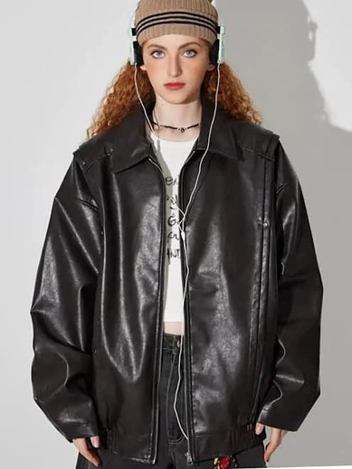 Vintage Faux Leather Bomber Jacket with Studs