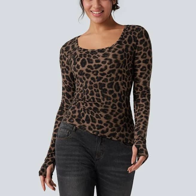 Halara Scoop Neck Long Sleeve Leopard Print T-Shirt with Thumb Hole