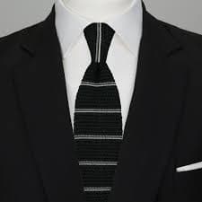 Square-cut knitted black tie with white and grey stripes