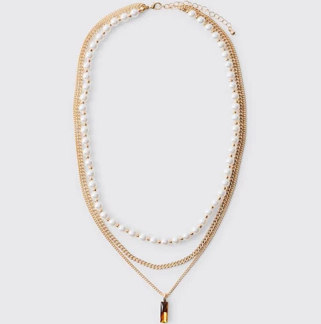 boohooMAN Men's Layered Mock Pearl Gem Pendant Necklace