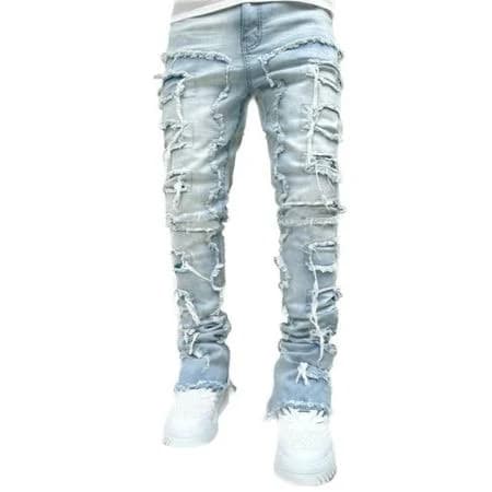 Men's Hiphop Streetwear Stacked Patches Ripped Jeans