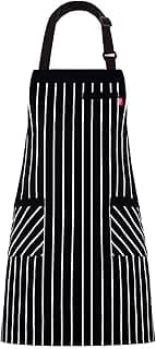 Aprons for Women and Men, Kitchen Chef Apron with 3 Pockets and 40" Long Ties, Adjustable Bib Apron for Cooking, Serving - 32" x 28" - Black/White Pinstripe - 1 Pcs