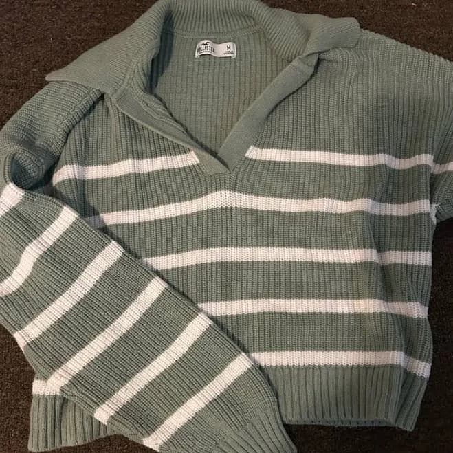 Hollister Sweaters | Hollister Sage Green White Stripped Collared Cropped Sweater | Color: Green/White | Size: M | Esotericstarlet's Closet