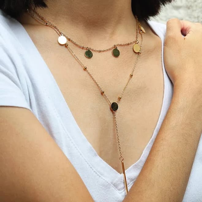 Layered Pillar Bar & Disc Charm Necklace