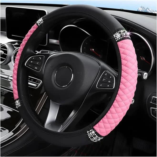 Pink Rhinestone Leather Steering Wheel Cover: Universal Fit